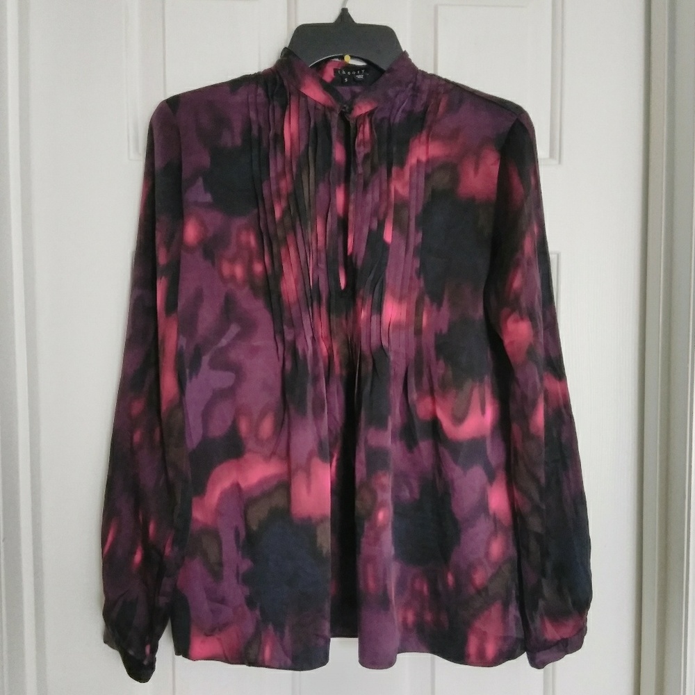 Theory Bianca Vague Pintuck Print Silk Top